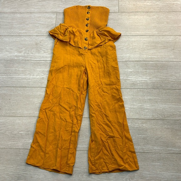 Urban Outfitters San Fernando Smocked Strapless Ruffle Jumpsuit mustard color XS - Picture 4 of 15
